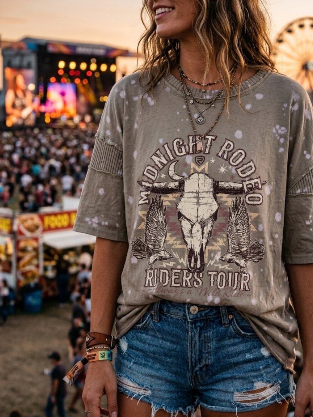 Rock & Roll Denim Midnight Rodeo Graphic Tee XL Bleach Splatter Western Boho
